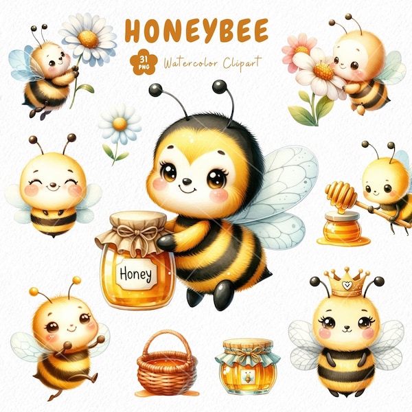 Bee watercolor clipart, Cute Bee Clipart, Sweet Honey Bee Clipart, Baby Bee PNG, Bee Baby Shower Clipart, Bee Beehive