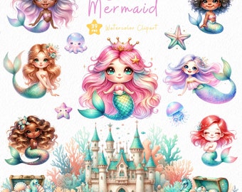 Könnte beinhalten: Ein Set mit 39 Aquarell-Clipart-Bildern mit niedlichen Meerjungfrauen mit bunten Schwänzen, Haaren und Accessoires. Die Meerjungfrauen sind von Muscheln, Seesternen und einem Schloss umgeben.