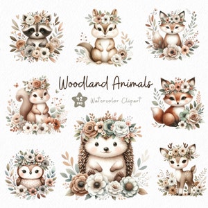Boho Woodland Animals Clipart, watercolor animals clipart, Cute Boho Woodland PNG Clipart, Cute Woodland Clipart