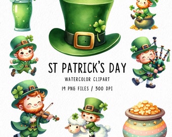 Watercolor St. Patrick's Day Clipart, Shamrock Clipart, Clovers clipart, Hand-Drawn Irish Festive PNG, Pot of Gold, Leprechaun, Horseshoe