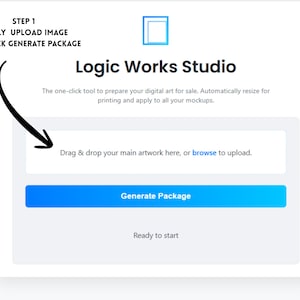 May include: A white interface with the text "Logic Works Studio" and instructions to upload an image and generate a package. The interface includes a blue button labeled "Generate Package".