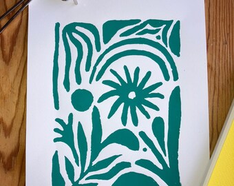 linosnede "groene bladeren en bloemen" linoprint