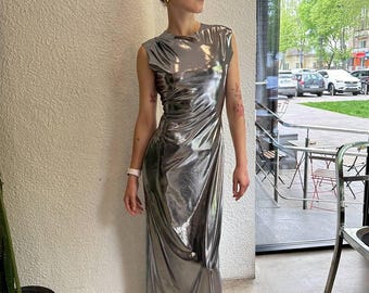 Metallic Silver Maxi Dress: Elegant Party Cocktail Dress
