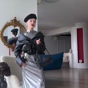 Valentines gift dress, silver maxi dress with long sleeves, cocktail dress, evening dress, wedding guest dress, metallic sexy dress