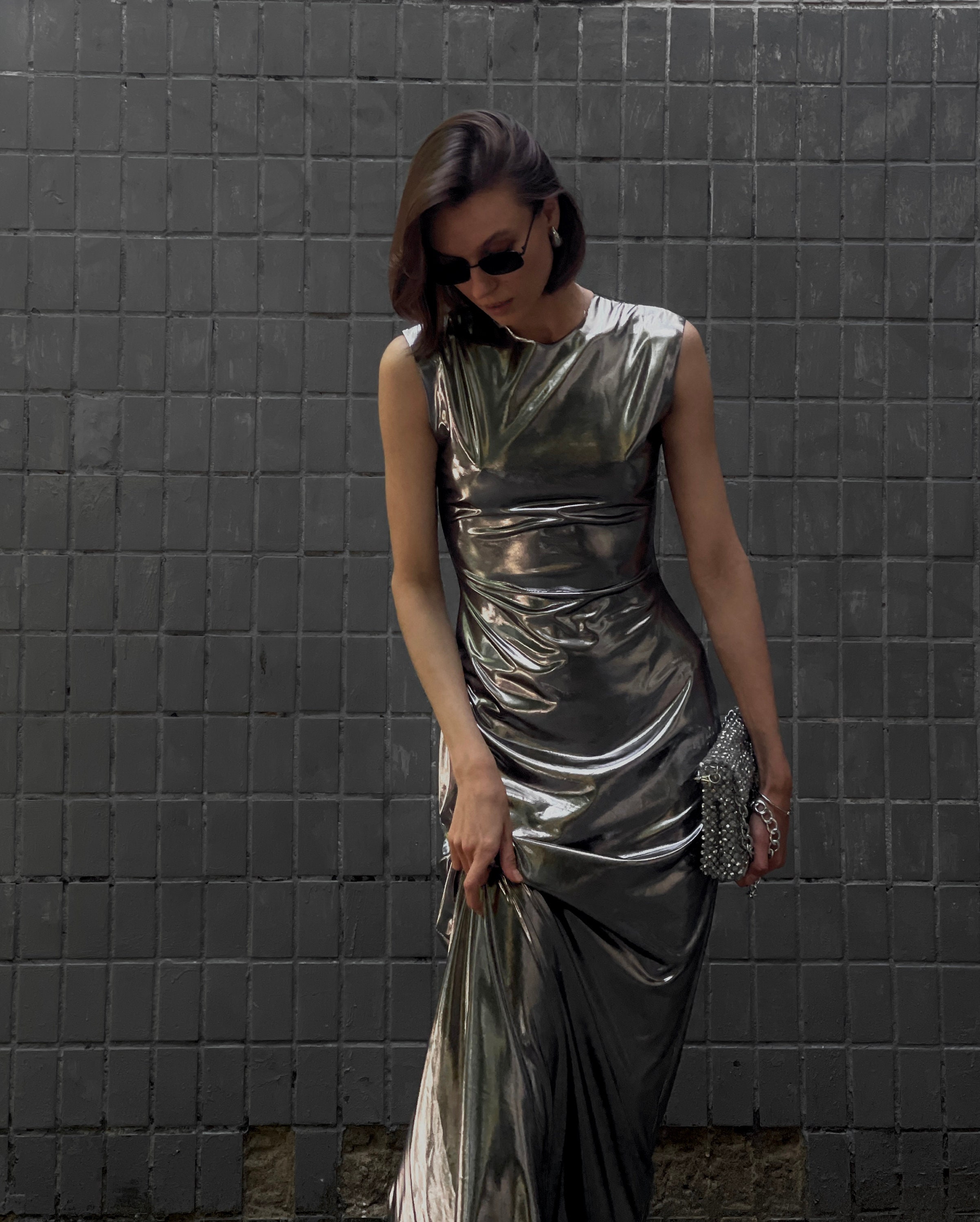 Silver Shiny Maxi Dress, Party Bodycon Sleeveless Dress