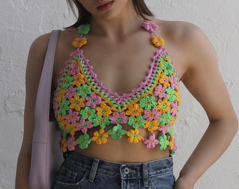 Gift for her, gift for women, crochet crop top, floral, beach top, cottagecore, fairycore, coachella, burning man, rave clothing, Y2K