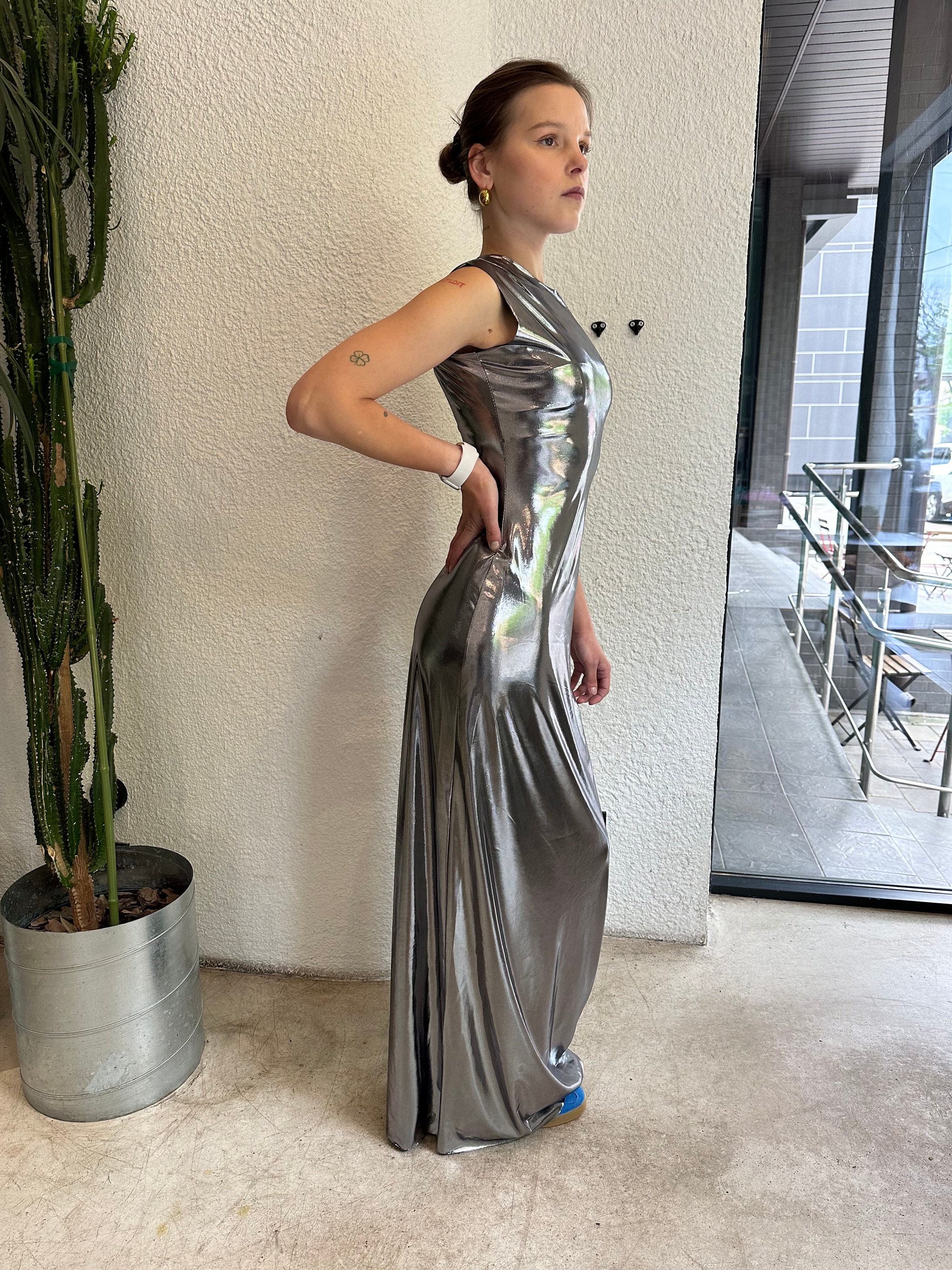 knee length dresses for ladies Liquid Sheen Metallic Polyester Chiffon - Silver on Pink