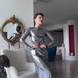 Valentines gift dress, silver maxi dress with long sleeves, cocktail dress, evening dress, wedding guest dress, metallic sexy dress