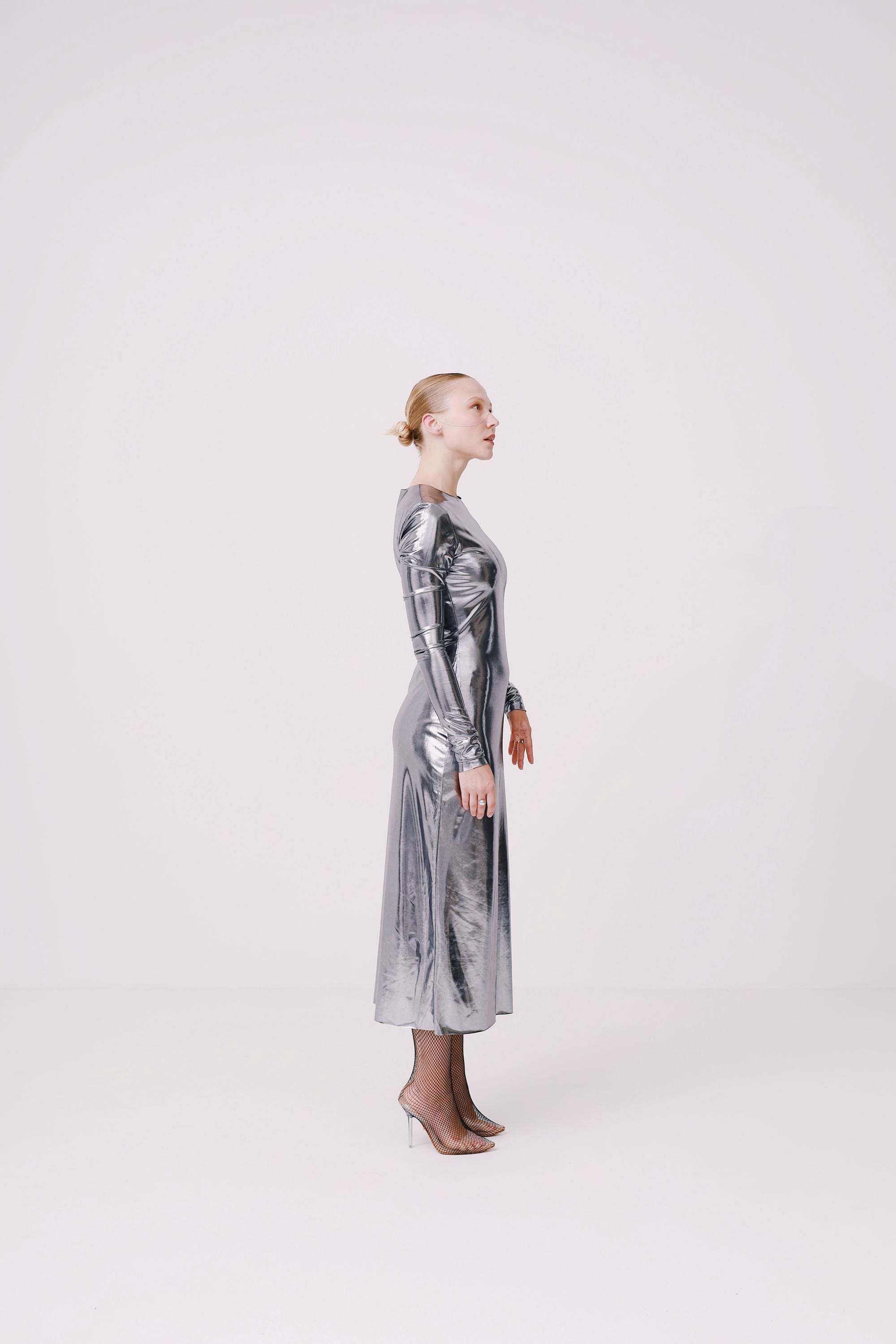 Silver Metallic Bodycon Dress: Long Sleeve Midi Cocktail Gown
