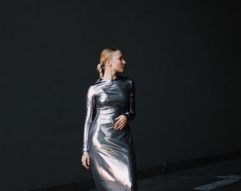 Metallic Silver Maxi Dress: Bohemian Evening Gown, Wedding Guest