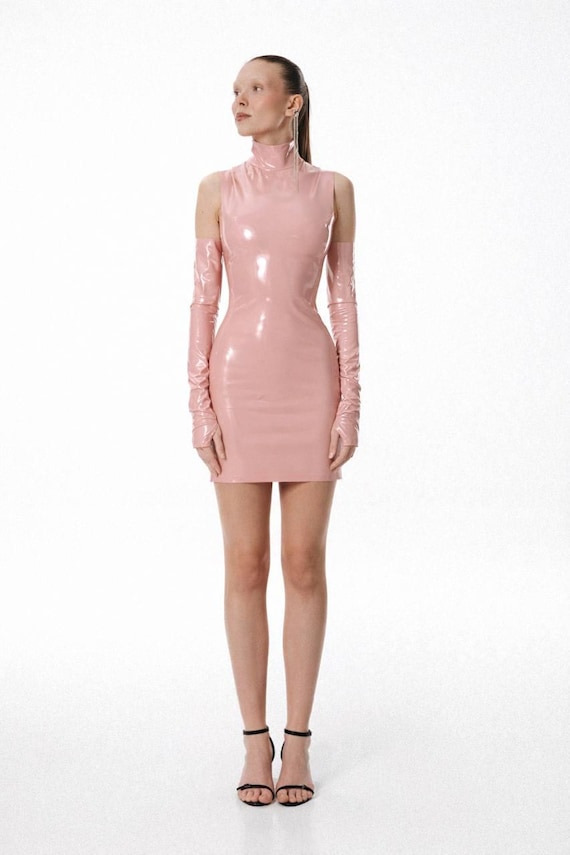 pink latex dress Wet Look Evening Gown: Shiny PVC Shiny Size:Small (0/2) Halloween Dress Get Your Shoes on Hooked On Your Heart