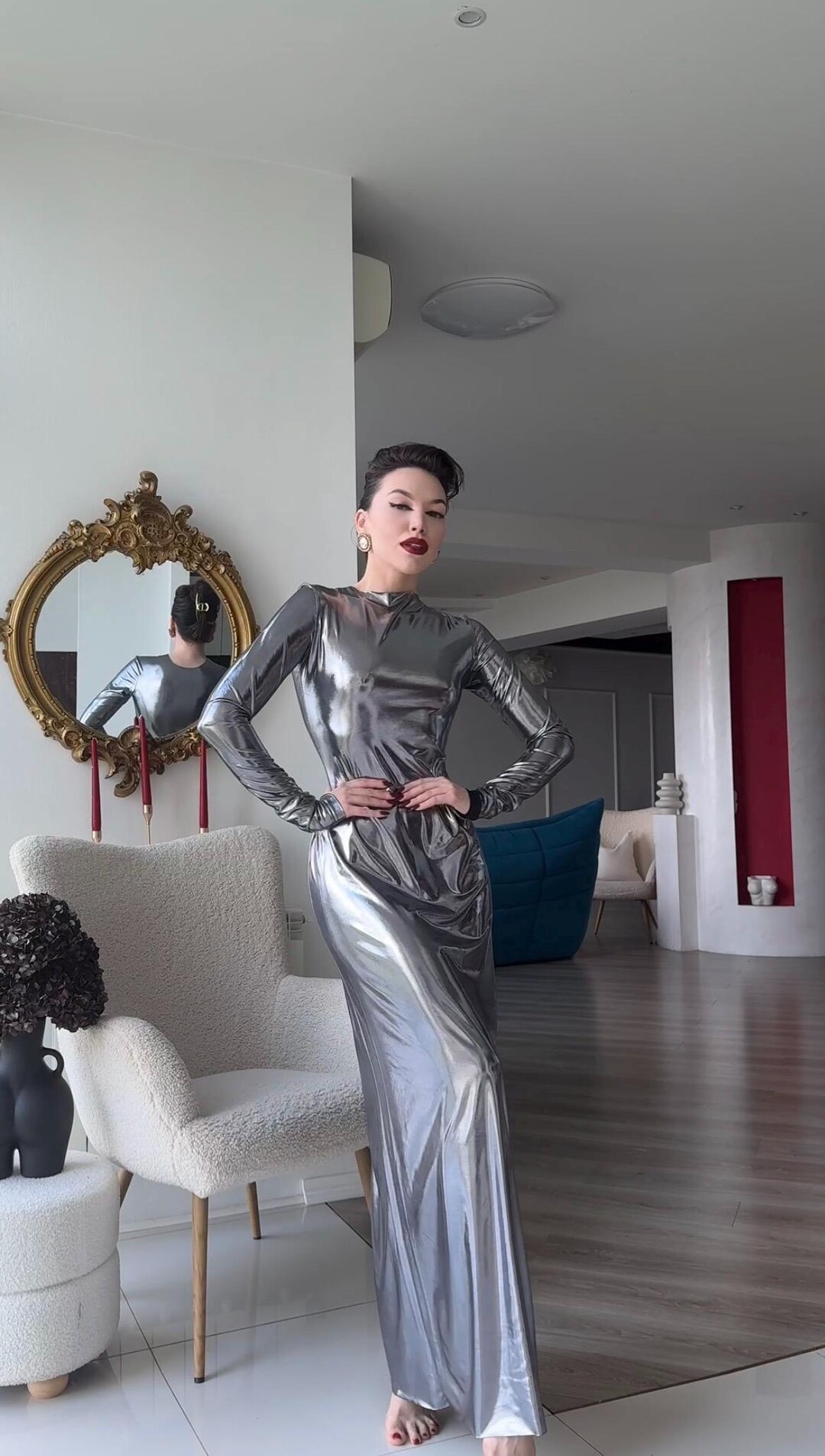 Silver Starlight Maxi Dress: Winter Cocktail Party Evening Gown