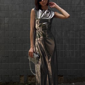 Chrome Drag Queen evening dress, silver sequin dress, shiny festival maxi dress, liquid metallic dress, Pride outfit, LGBTQ