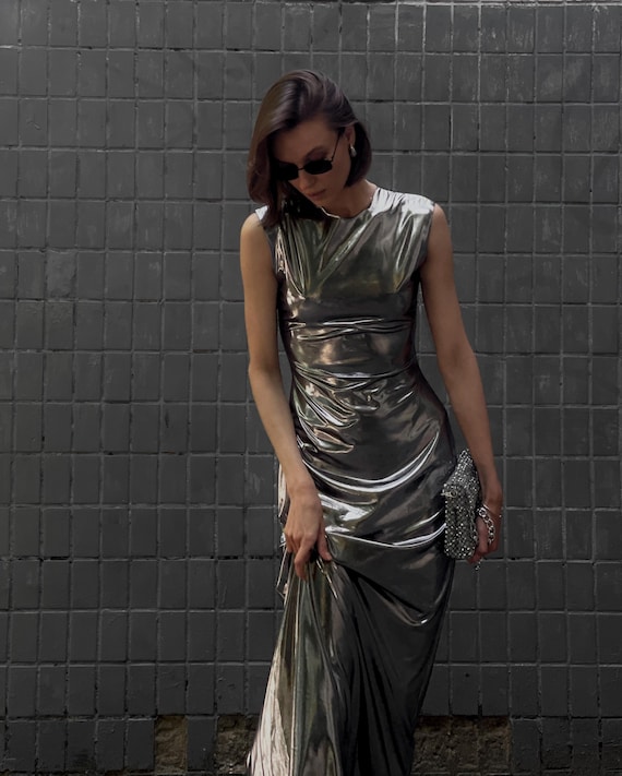 open lace back dress Silver Halter Ruched Metallic Gown with Slit – VALDRIN SAHITI