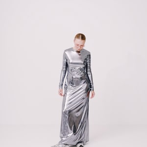 Valentines gift dress, silver maxi dress with long sleeves, cocktail dress, romantic dress, wedding guest dress, metallic sexy dress