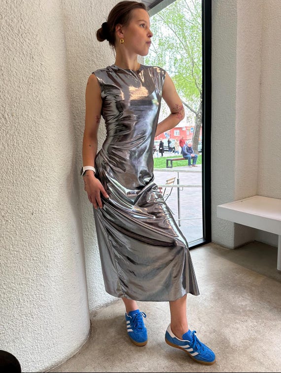 Metallic Silver Maxi Dress: Bodycon Cocktail Evening Gown - Etsy Denmark