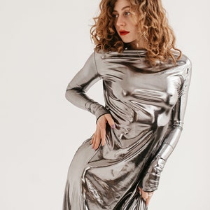 Silver maxi dress with long sleeves, party dress, prom dress, cocktail dress, long dress, bohemian long dress, bridesmaid dress, metallic zdjęcie 2
