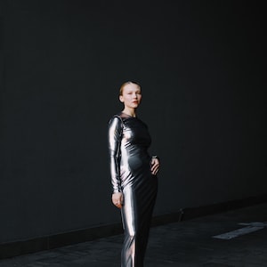 Silver cocktail dress, evening maxi dress, exquisite bodycon dress, red carpet, wedding guest dress, party dress, shiny metallic disco dress