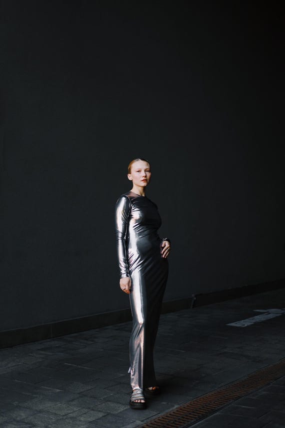 metallic silver bodycon dress Plunge Neck Ruched Detail Mini Bodycon Dress With Sleeves In Silver Metallic | EGO US