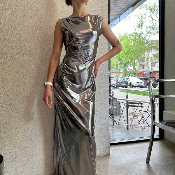 Silver sleeveless evening dress, party dress, cocktail dress, prom dress, registration dress, maxi dress, evening gown, casual, simple dress