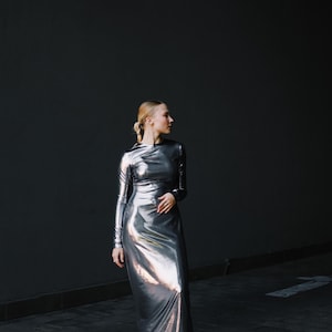 Valentines gift dress, silver maxi dress with long sleeves, cocktail dress, romantic dress, wedding guest dress, metallic sexy dress