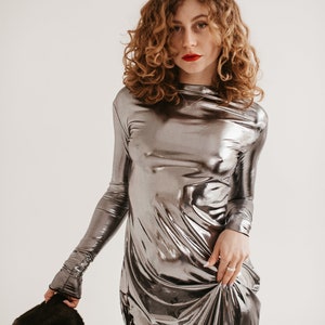 Valentines gift dress, silver maxi dress with long sleeves, cocktail dress, romantic dress, wedding guest dress, metallic sexy dress