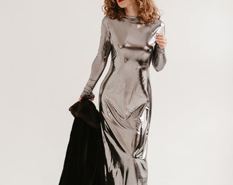 Silver maxi dress with long sleeves, party dress, prom dress, cocktail dress, long dress, bohemian long dress, bridesmaid dress, metallic