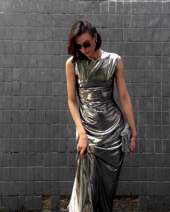Liquid Metal Maxi Dress: Romantic Cocktail Outfit