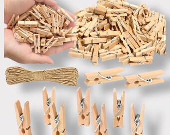 100 Pack Mini Wooden Clothes Pins with Jute Twine - Perfect for Crafts and Decor