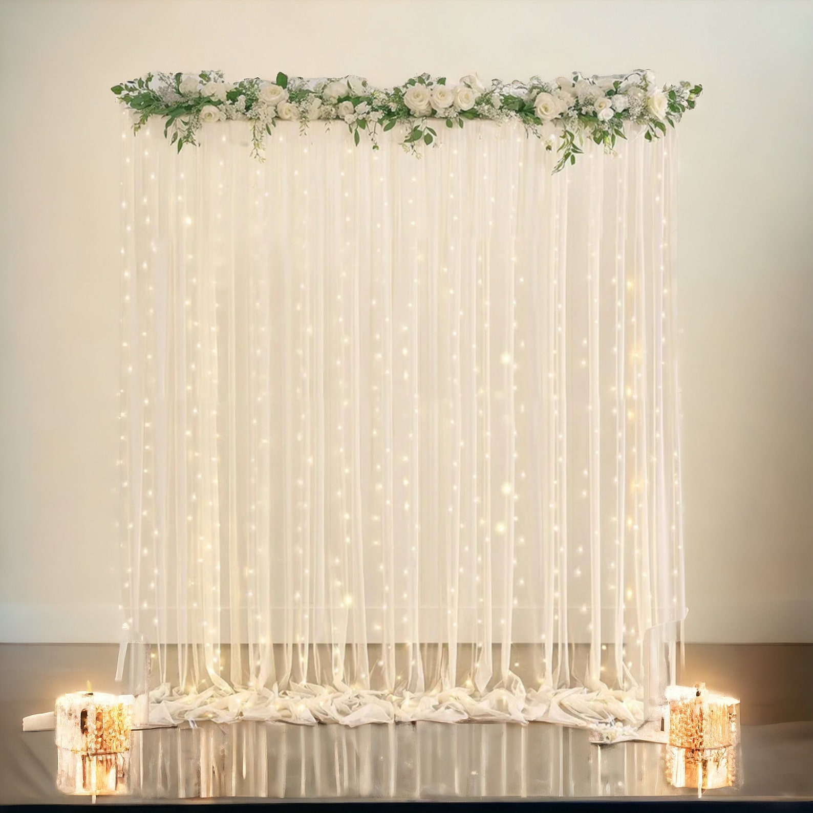 Champagne Tulle Backdrop Curtain With String Lights Wedding, Bridal ...