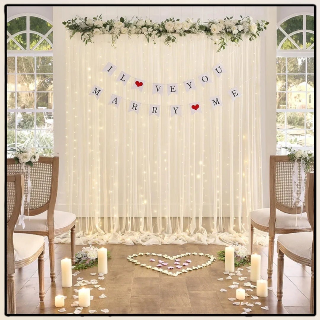 Champagne Tulle Backdrop Curtain With String Lights Wedding, Bridal ...