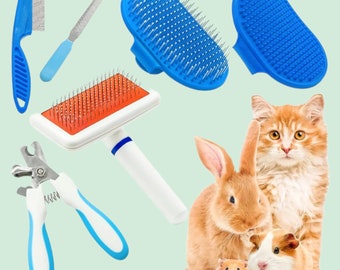 Essential Small Animal Grooming Kit: Slicker Brush, Massage Glove, Shedding Comb, Nail Clipper - Complete 6 Piece Set for Bunny and others