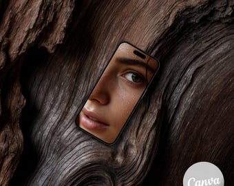 Natural Wood iPhone Mockup Template for Canva, Phone Mockup, device mockups, brown aesthetic Mockup, brand design Mockup, dark design