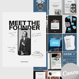 May include: A monochrome graphic with the text "MEET THE FOUNDER" and a photo of a woman within a smartphone. Other text elements include "hello, I'm Jess", "over 5 years of experience", and "need coffee every morning".