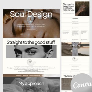 May include: A website design featuring the text "Soul Design" and "Straight to the good stuff." The design incorporates images of a person's face, shells, and a woman in a white dress. The website promotes Human Design.