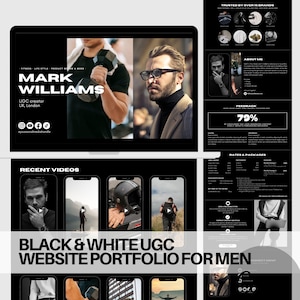 May include: Black and white website portfolio for men featuring a man's headshot, recent videos, and rates and packages. The website is designed in a minimalist style with a black background and white text.