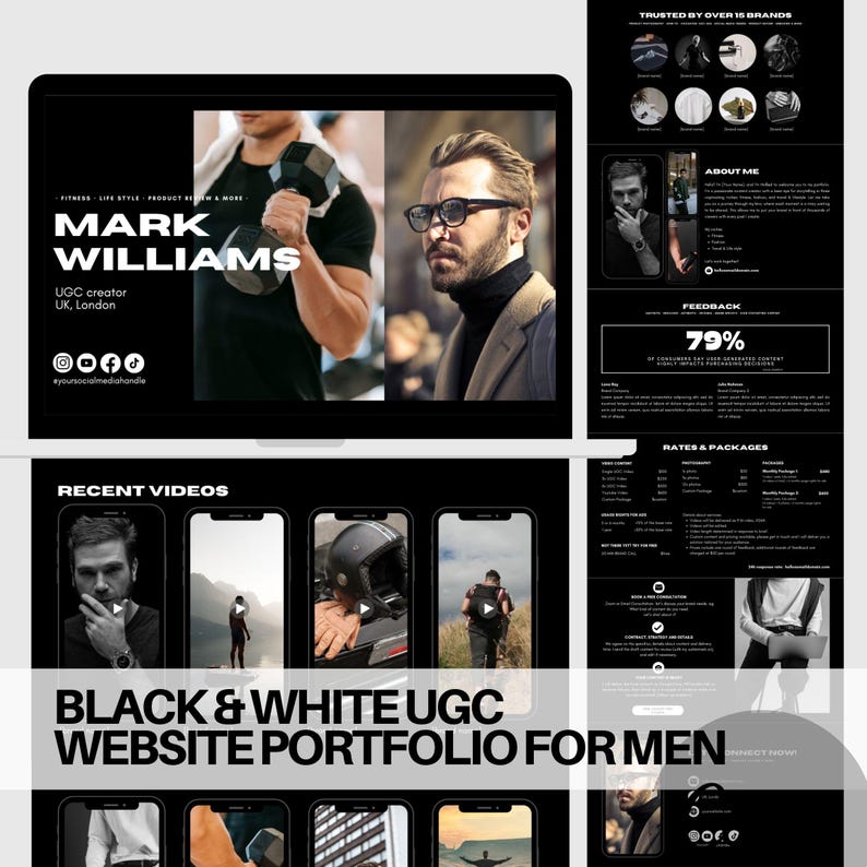 K&ouml;nnte beinhalten: Schwarzwei&szlig;es Website-Portfolio f&uuml;r M&auml;nner mit einem Kopfbild eines Mannes, aktuellen Videos und Preisen und Paketen. Die Website ist minimalistisch gestaltet mit schwarzem Hintergrund und wei&szlig;em Text.