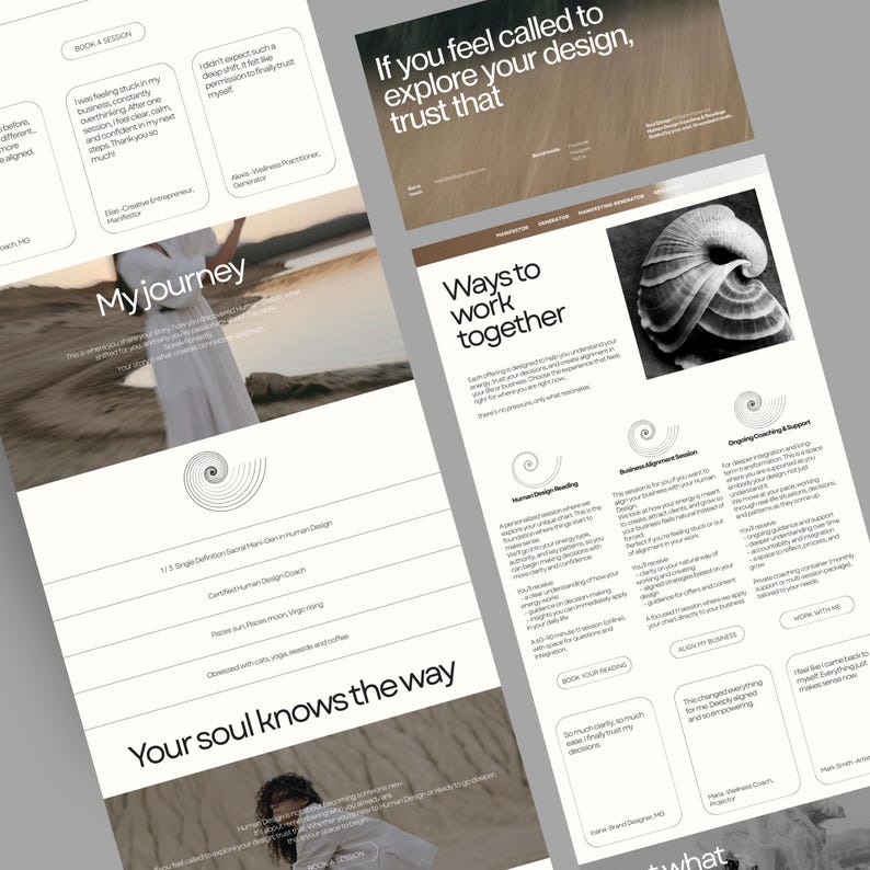May include: A digital design layout with text and images. The text includes phrases like "If you feel called to explore your design, trust that" and "Ways to work together." The design uses a neutral colour palette with a spiral graphic.