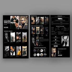 K&ouml;nnte beinhalten: Ein schwarzwei&szlig;es Portfolio, das die Arbeit eines Fotografen zeigt. Das Portfolio umfasst aktuelle Videos, Standbilder, Analysen vergangener Arbeiten, Erfahrungsberichte, Preise und Pakete sowie einen Call-to-Action, um sich zu vernetzen. Der Name des Fotografen ist Mark Williams.