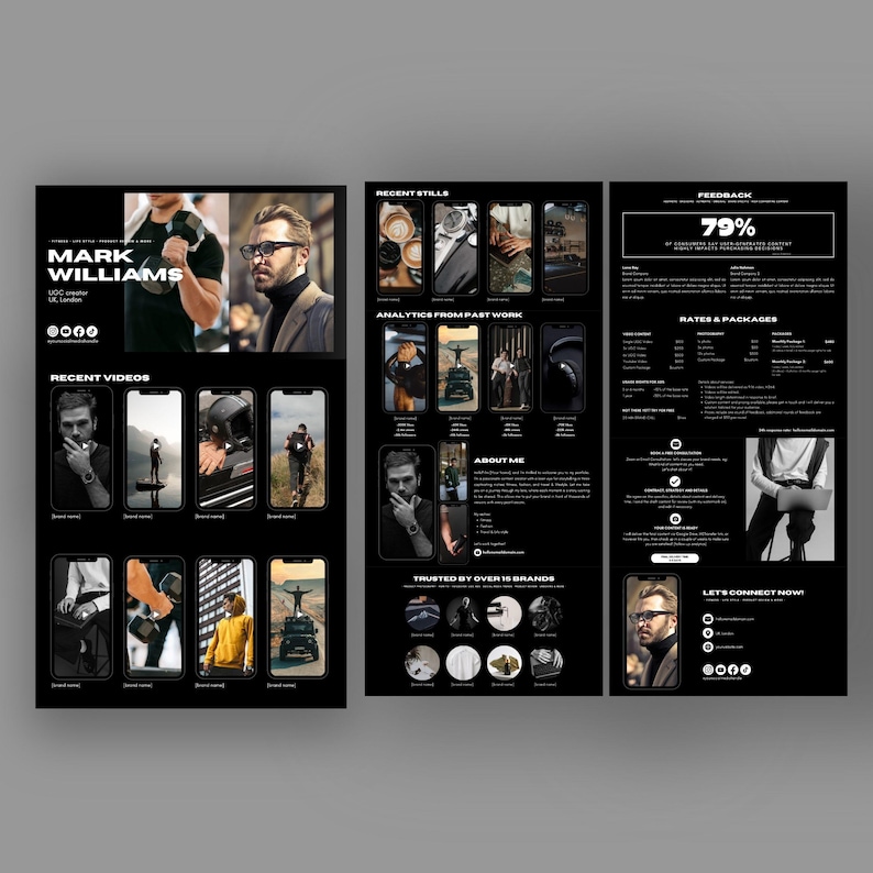 K&ouml;nnte beinhalten: Ein schwarzwei&szlig;es Portfolio, das die Arbeit eines Fotografen zeigt. Das Portfolio umfasst aktuelle Videos, Standbilder, Analysen vergangener Arbeiten, Erfahrungsberichte, Preise und Pakete sowie einen Call-to-Action, um sich zu vernetzen. Der Name des Fotografen ist Mark Williams.