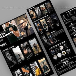 K&ouml;nnte beinhalten: Ein Schwarzwei&szlig;bild des Portfolios eines Mannes, das seine Arbeit als Produktfotograf und Videograf zeigt. Das Portfolio umfasst aktuelle Standbilder und Videos, Analysen vergangener Arbeiten, Kundenreferenzen und Informationen &uuml;ber seine Preise und Pakete.