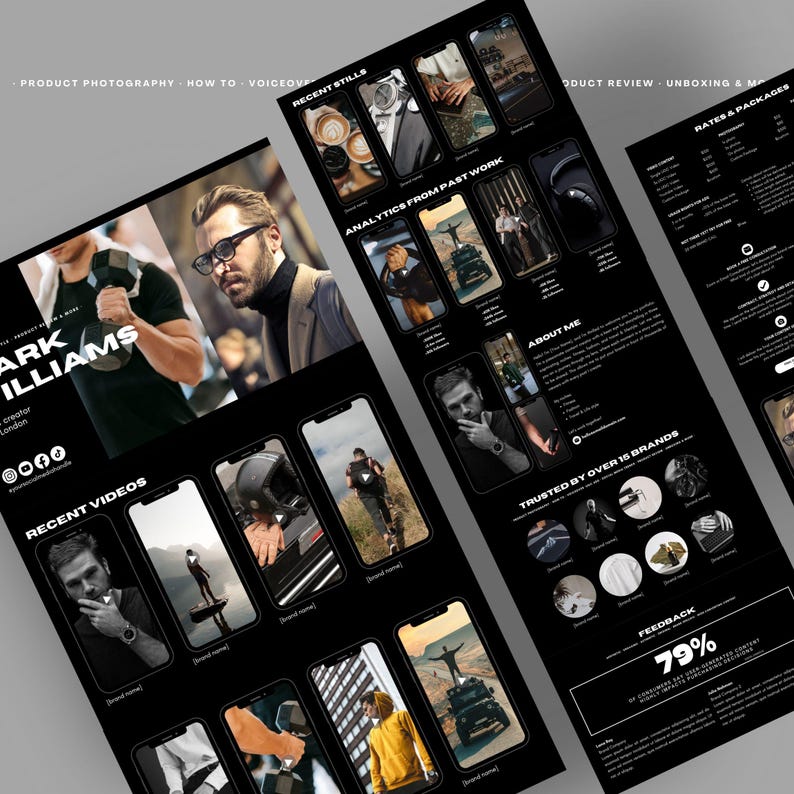 K&ouml;nnte beinhalten: Ein Schwarzwei&szlig;bild des Portfolios eines Mannes, das seine Arbeit als Produktfotograf und Videograf zeigt. Das Portfolio umfasst aktuelle Standbilder und Videos, Analysen vergangener Arbeiten, Kundenreferenzen und Informationen &uuml;ber seine Preise und Pakete.