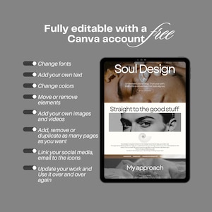 May include: A tablet screen shows a website design with the words "Soul Design" and "Straight to the good stuff." The image promotes features like font and colour changes, text and image additions, and social media linking, all editable with a free Canva account.