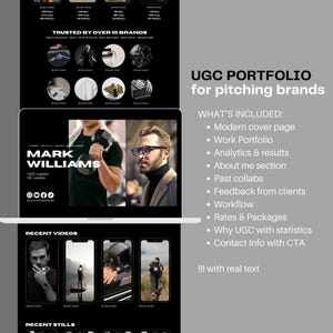 K&ouml;nnte beinhalten: Ein Laptop-Bildschirm zeigt ein Portfolio f&uuml;r einen UGC-Ersteller namens Mark Williams. Das Portfolio umfasst eine moderne Titelseite, ein Arbeitsportfolio, Analysen und Ergebnisse, einen Abschnitt &bdquo;&Uuml;ber mich&ldquo;, vergangene Kooperationen, Feedback von Kunden, Workflow, Preise und Pakete, warum UGC mit Statistiken und Kontaktinformationen mit einem Call-to-Action. Das Portfolio ist in einem Schwarz-Wei&szlig;-Farbschema mit minimalistischer &Auml;sthetik gestaltet.