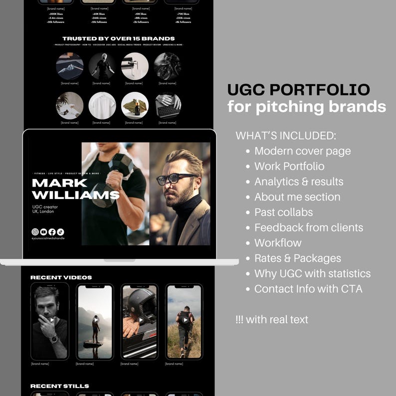K&ouml;nnte beinhalten: Ein Laptop-Bildschirm zeigt ein Portfolio f&uuml;r einen UGC-Ersteller namens Mark Williams. Das Portfolio umfasst eine moderne Titelseite, ein Arbeitsportfolio, Analysen und Ergebnisse, einen Abschnitt &bdquo;&Uuml;ber mich&ldquo;, vergangene Kooperationen, Feedback von Kunden, Workflow, Preise und Pakete, warum UGC mit Statistiken und Kontaktinformationen mit einem Call-to-Action. Das Portfolio ist in einem Schwarz-Wei&szlig;-Farbschema mit minimalistischer &Auml;sthetik gestaltet.