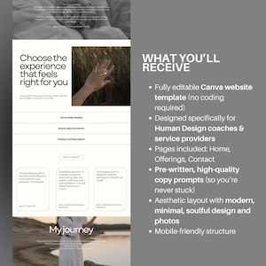 May include: An advertisement for a website template, featuring the text "Choose the experience that feels right for you." It details features such as a fully editable Canva template, designed for Human Design coaches, and pre-written copy prompts.