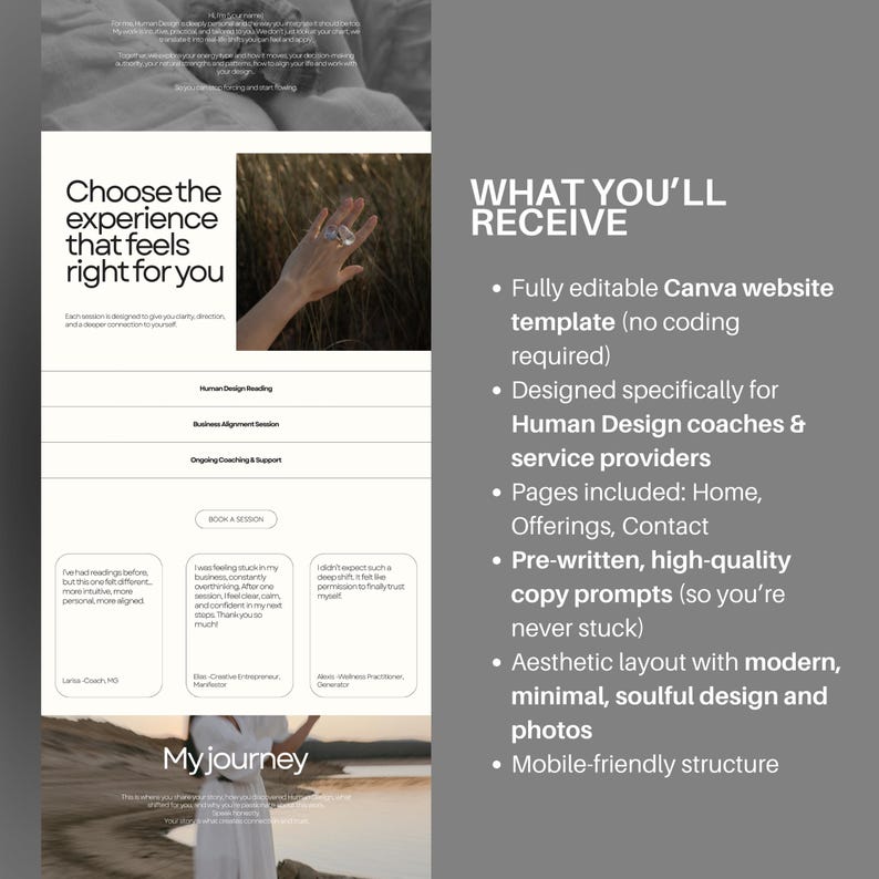 May include: An advertisement for a website template, featuring the text "Choose the experience that feels right for you." It details features such as a fully editable Canva template, designed for Human Design coaches, and pre-written copy prompts.