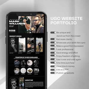 K&ouml;nnte beinhalten: Der Bildschirm eines Mobiltelefons zeigt ein Website-Portfolio f&uuml;r einen UGC-Ersteller namens Mark Williams. Die Website hat ein Schwarzwei&szlig;-Design mit einer Liste von Vorteilen f&uuml;r die Nutzung des Dienstes, darunter "Seien Sie einzigartig und heben Sie sich von der Masse ab", "Gewinnen Sie mehr Kunden" und "Pr&auml;sentieren Sie Ihre Arbeit wie ein Profi".