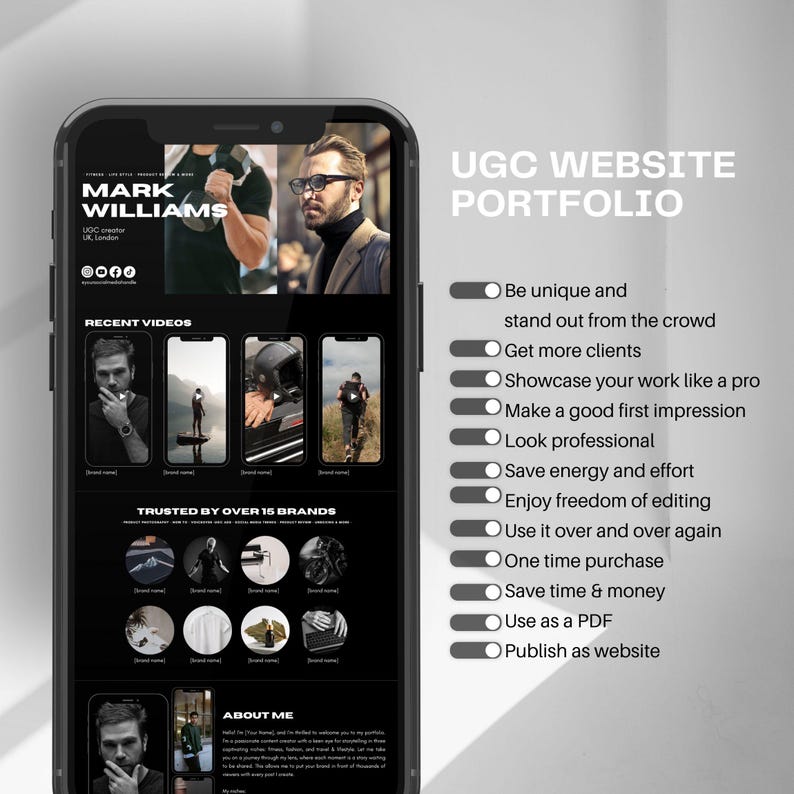 K&ouml;nnte beinhalten: Der Bildschirm eines Mobiltelefons zeigt ein Website-Portfolio f&uuml;r einen UGC-Ersteller namens Mark Williams. Die Website hat ein Schwarzwei&szlig;-Design mit einer Liste von Vorteilen f&uuml;r die Nutzung des Dienstes, darunter "Seien Sie einzigartig und heben Sie sich von der Masse ab", "Gewinnen Sie mehr Kunden" und "Pr&auml;sentieren Sie Ihre Arbeit wie ein Profi".