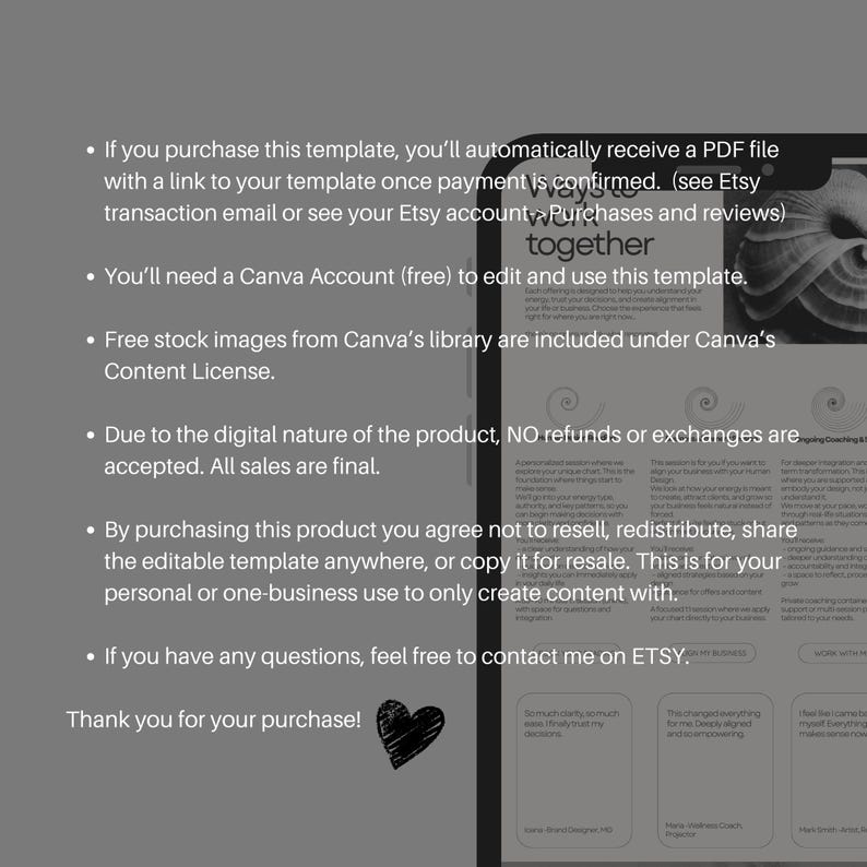 May include: A digital information sheet with a white background and black text. The text provides details about a template, Canva, refunds, and usage rights. A black heart graphic is at the bottom.